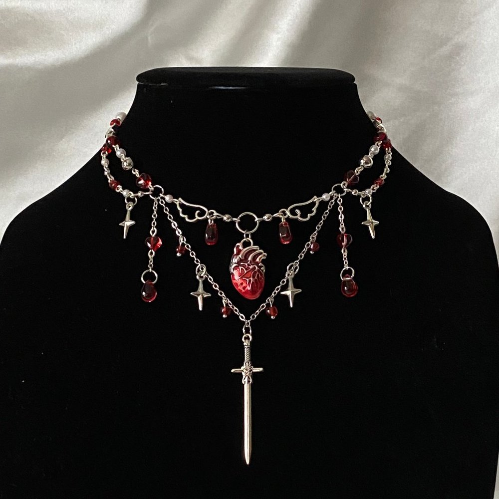 🩸🗡️ romeo heart sword pendant blood droplet choker necklace 🗡️🩸